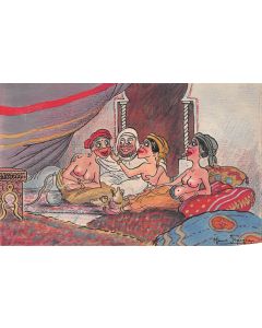 "Au harem" Dessin scène orientaliste par Marcel Jeanjean années 20