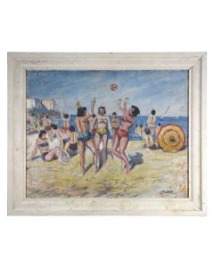 Jeune femme batifolant à la plage huile sur panneau 1950 signé Serge
