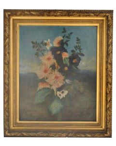 Peinture à l'huile paysage bouquet de fleurs époque fin XIXème