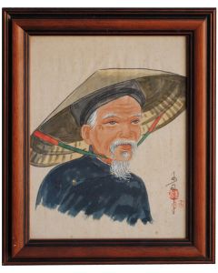 Portrait vieil asiatique sur soie époque 1900