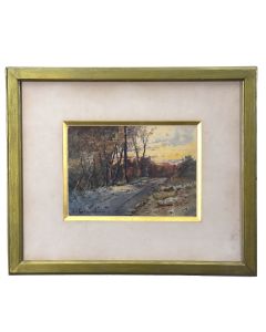 Dessin aquarelle fin XIXème paysage route boisée