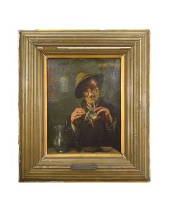 Huile sur panneau d'Alexandre Leuleu représentant un vieux fumeur