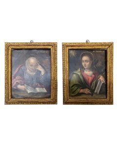 Peinture sur cuivre XVIIème portraits de Saint Marc et Sainte Loannes