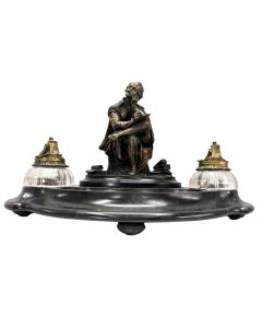  Rare encrier en bronze et marbre noir avec système de sonnette intégrée XIXème