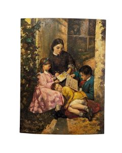 Portrait de lecture de jeune femme aux enfants Huile sur bois XXème