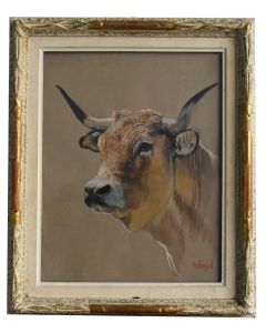 Peinture de vache à cornes peinte à l'aquarelle par Henri Fanjul